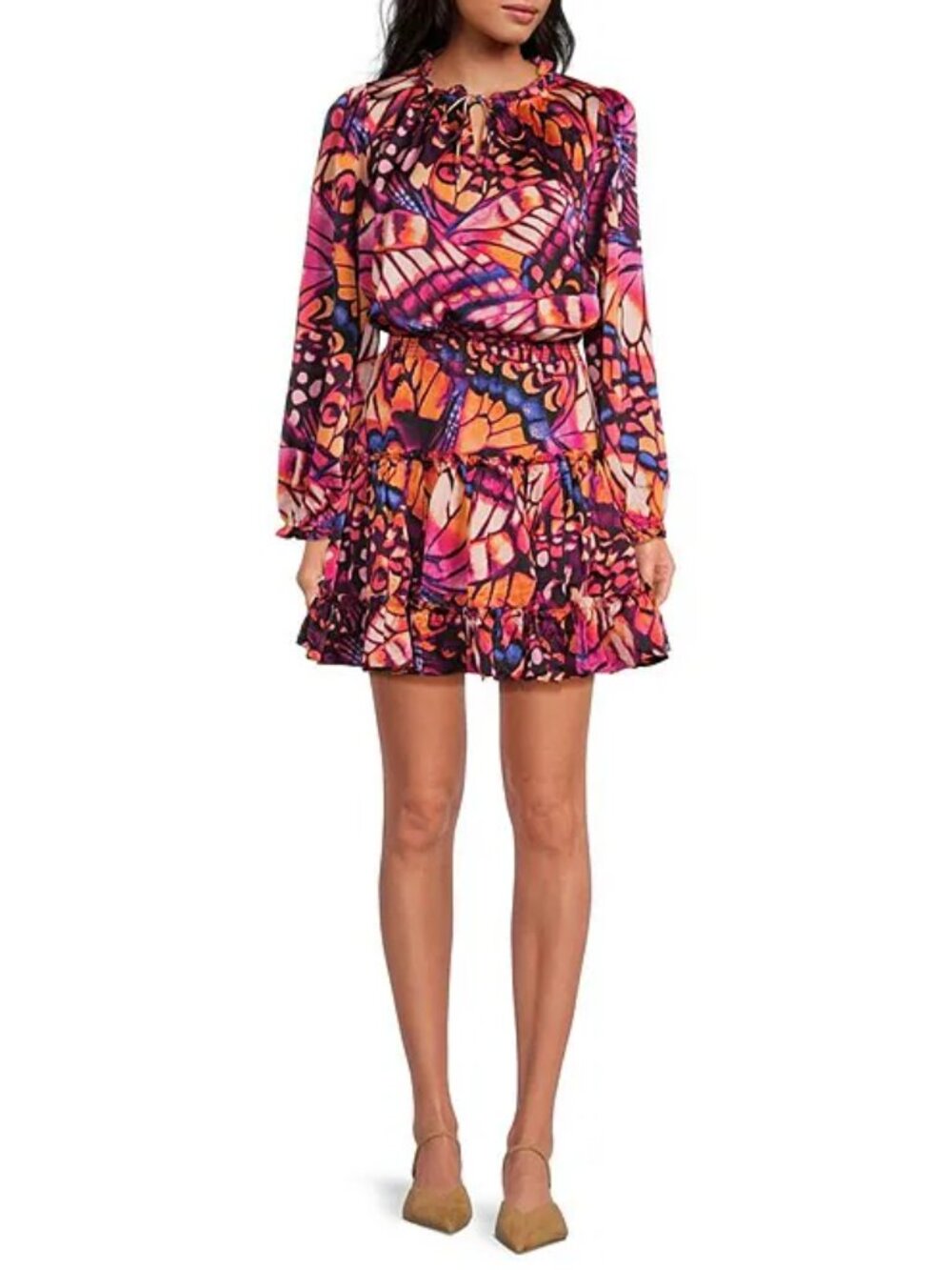 Skies Are Blue Colorful Pink Butterfly Print Long Sleeve Mini Dress Size M